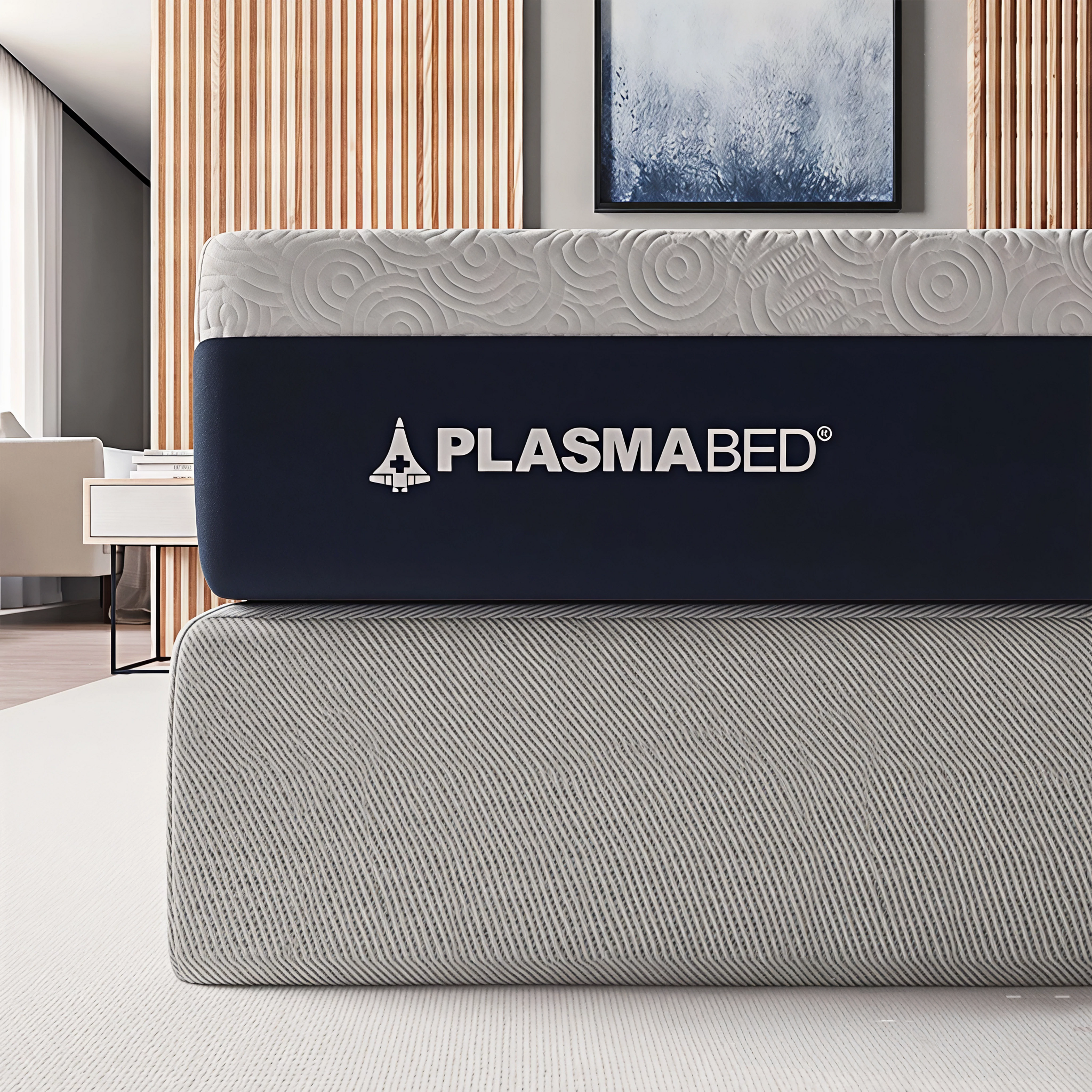 Floatation mattress side logo close up view from the frontside.