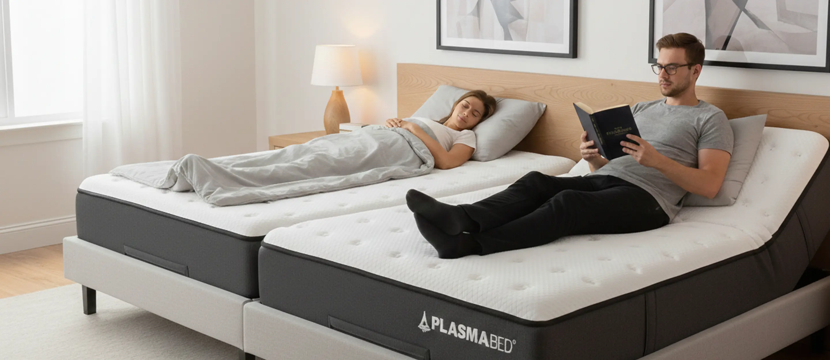 Couple relaxing on a PlasmaBed mattress, showcasing advanced gel pressure-relief and premium comfort