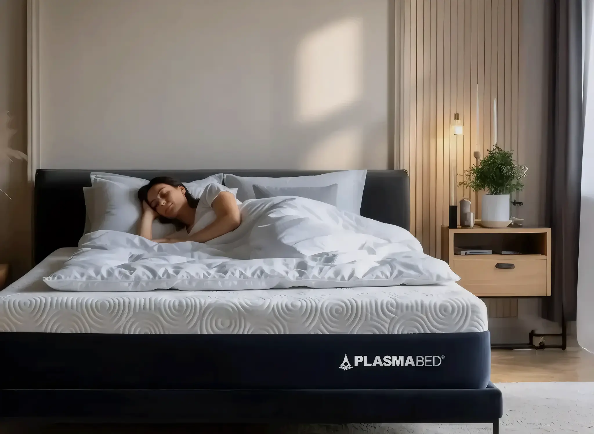 Couple relaxing on a PlasmaBed mattress, showcasing advanced gel pressure-relief and premium comfort