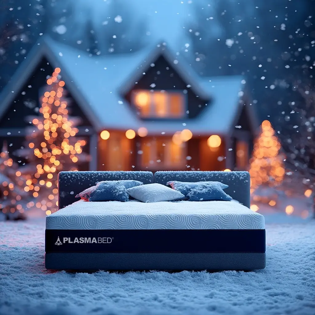 Couple relaxing on a PlasmaBed mattress, showcasing advanced gel pressure-relief and premium comfort
