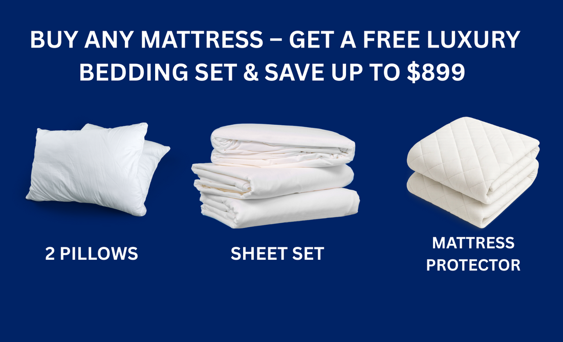 Bedding set discount banner in the blue background.